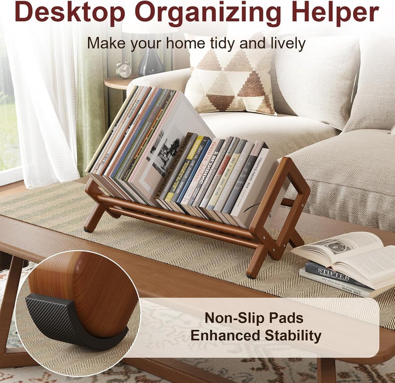 Aofure Premium Desktop Bookshelf, Bamboo Desk Bookshelf, Retro Brown Book Rack Shelf Organizer, Stable Bookshelves Storage, Tabletop Large Magazine Holder Racks for Magazines, Books, Files - Image 4